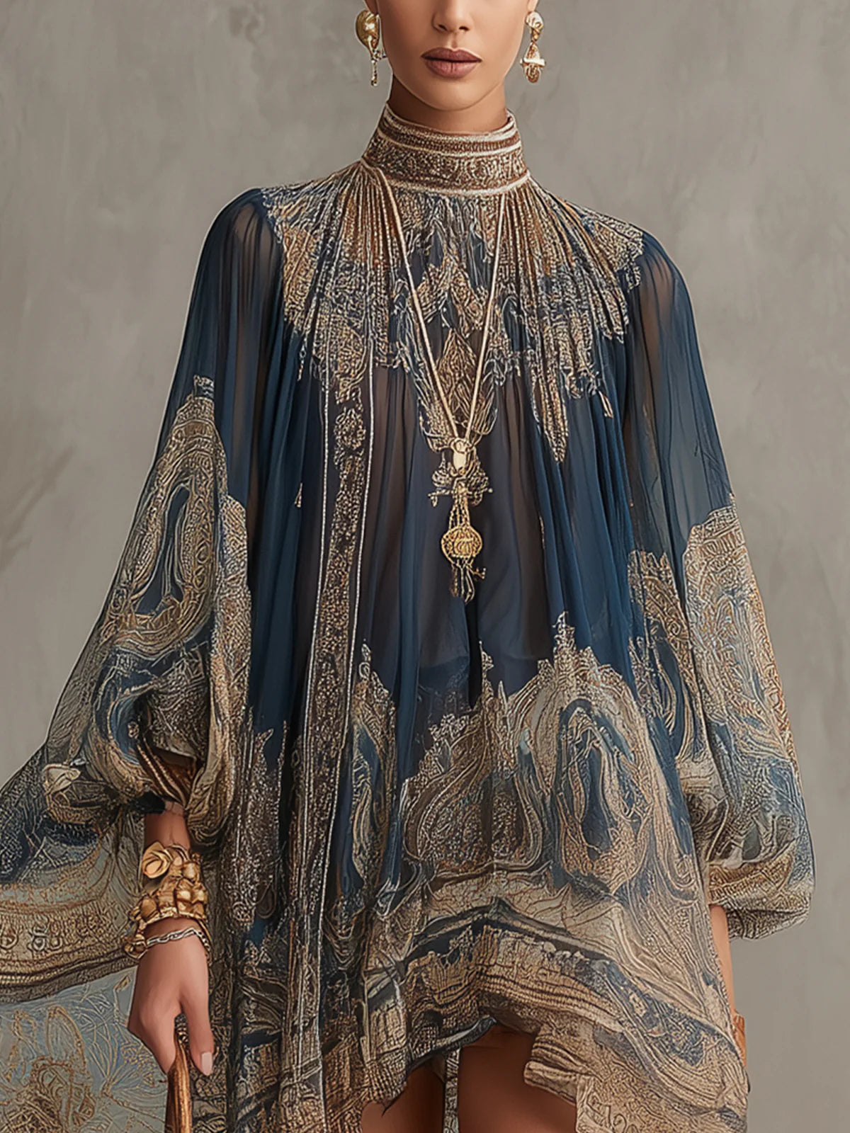 Robe Mini en Mousseline Irrégulière à Col Haut avec Imprimé Baroque Bleu Marine
