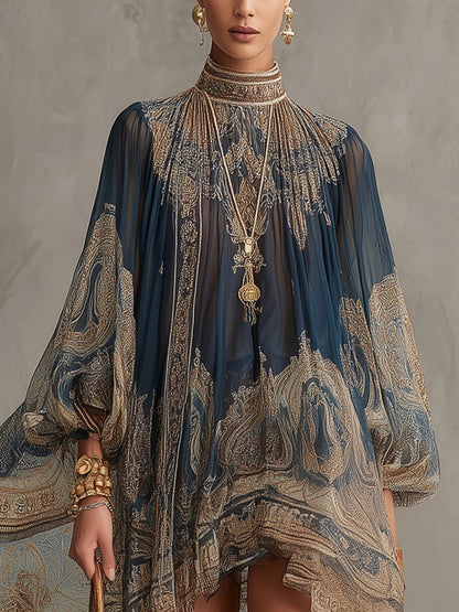 Robe Mini en Mousseline Irrégulière à Col Haut avec Imprimé Baroque Bleu Marine