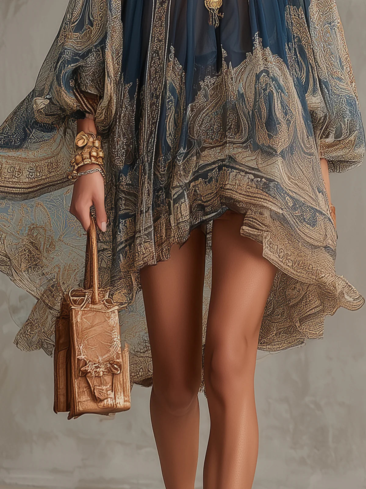 Robe Mini en Mousseline Irrégulière à Col Haut avec Imprimé Baroque Bleu Marine