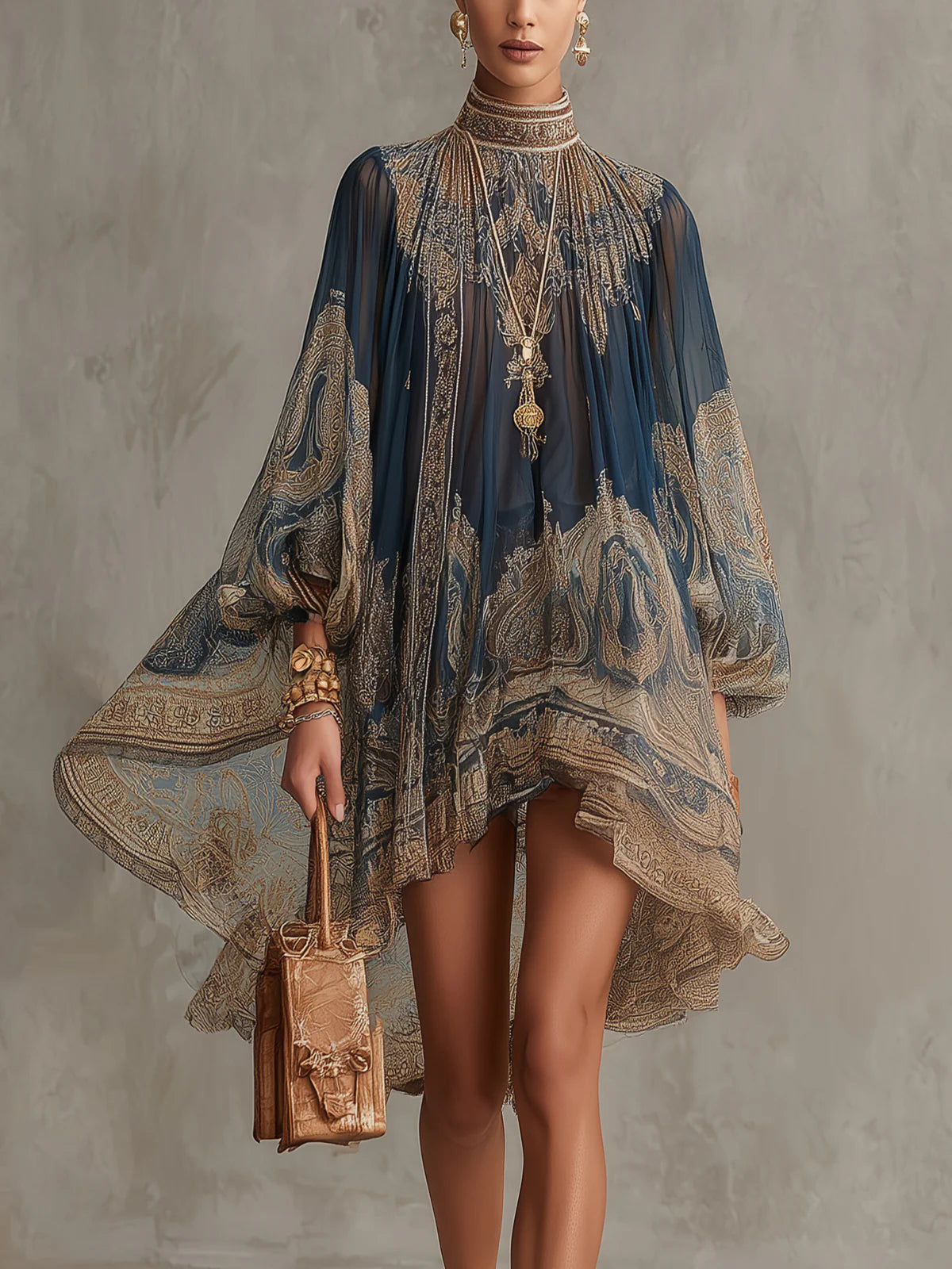 Robe Mini en Mousseline Irrégulière à Col Haut avec Imprimé Baroque Bleu Marine