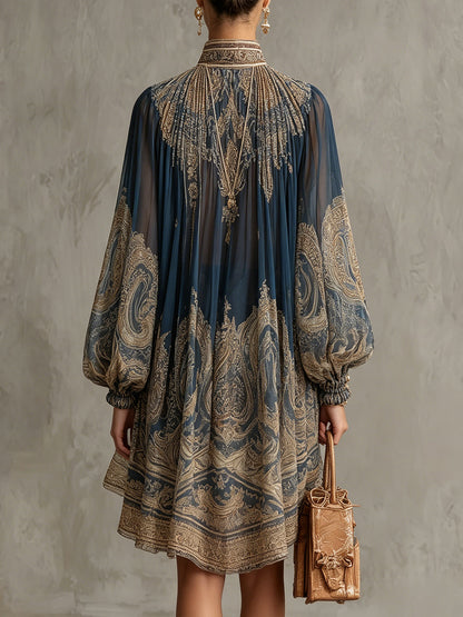 Robe Mini en Mousseline Irrégulière à Col Haut avec Imprimé Baroque Bleu Marine