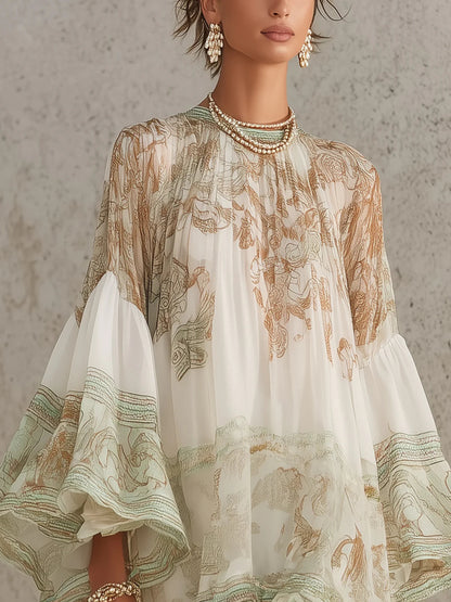 Robe Mini en Mousseline à Rayures et Manches à Volants Verte