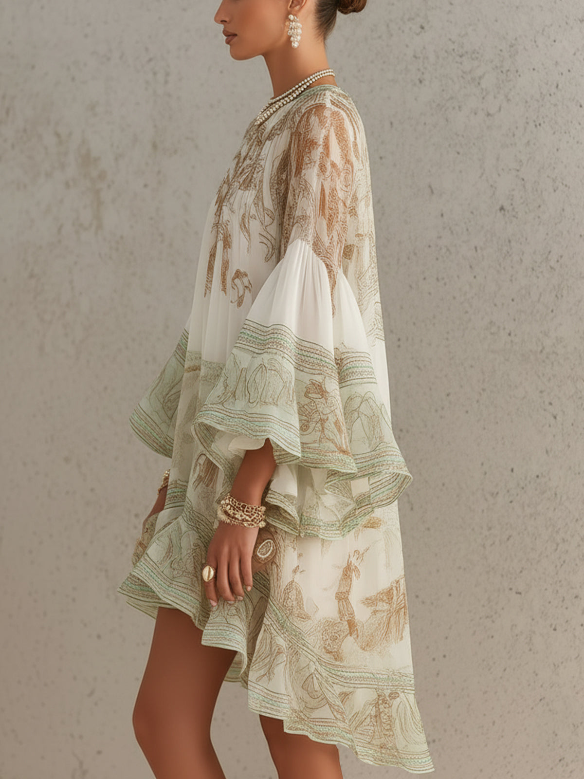 Robe Mini en Mousseline à Rayures et Manches à Volants Verte