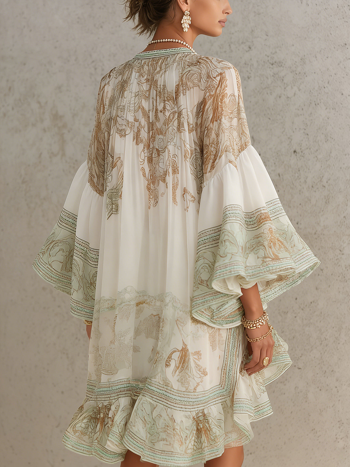 Robe Mini en Mousseline à Rayures et Manches à Volants Verte