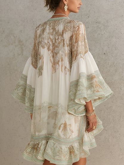 Robe Mini en Mousseline à Rayures et Manches à Volants Verte