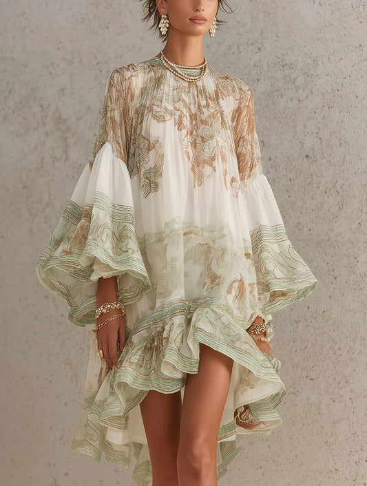 Robe Mini en Mousseline à Rayures et Manches à Volants Verte