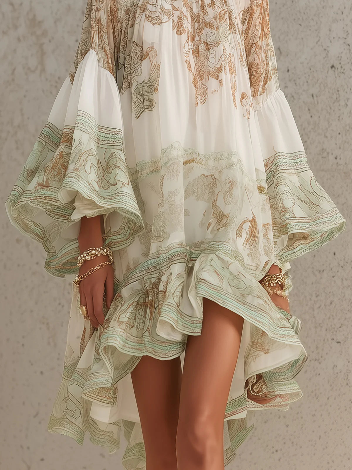 Robe Mini en Mousseline à Rayures et Manches à Volants Verte