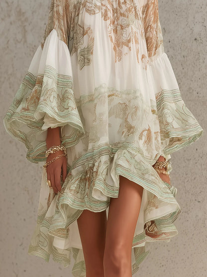 Robe Mini en Mousseline à Rayures et Manches à Volants Verte