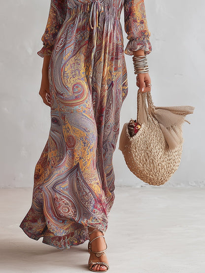 Robe Maxi en Mousseline à Imprimé Paisley et Décolleté en V