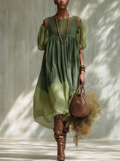 Robe Midi en Mousseline Verte Épaules Dénudées et Manches Courtes