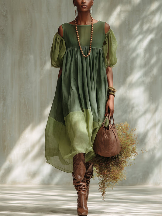 Robe Midi en Mousseline Verte Épaules Dénudées et Manches Courtes
