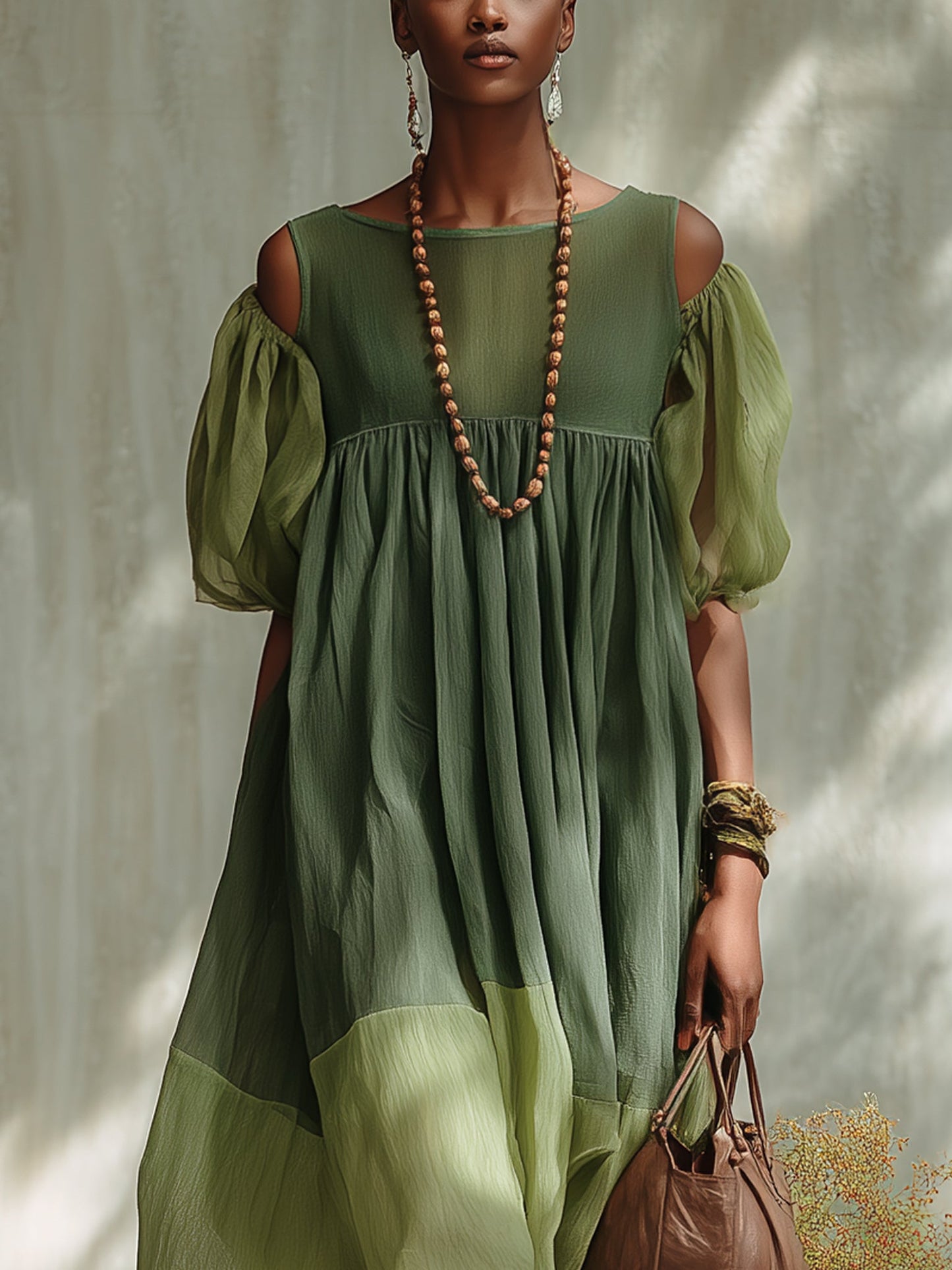 Robe Midi en Mousseline Verte Épaules Dénudées et Manches Courtes