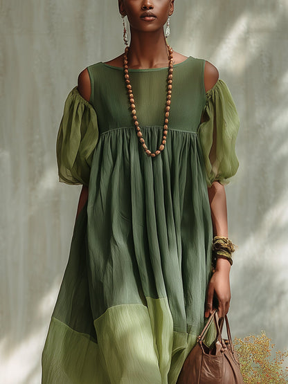 Robe Midi en Mousseline Verte Épaules Dénudées et Manches Courtes