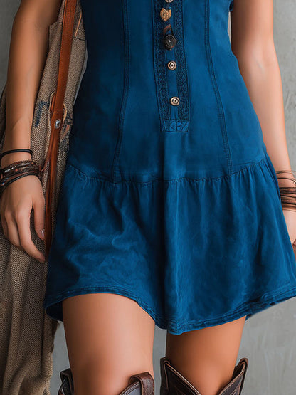 Robe Mini Sans Manches à Décolleté en V et Boutons Bohème Indigo