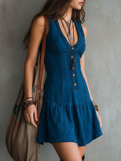Robe Mini Sans Manches à Décolleté en V et Boutons Bohème Indigo