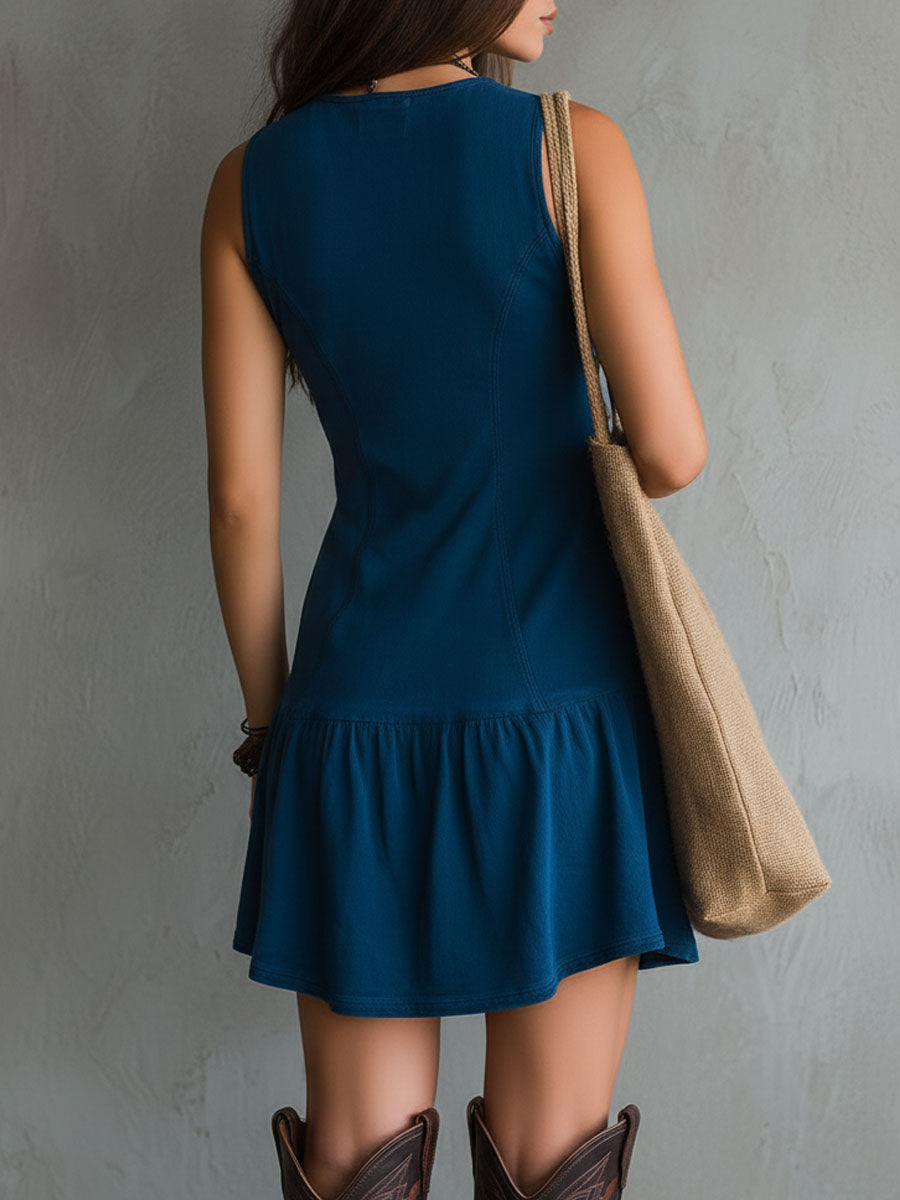 Robe Mini Sans Manches à Décolleté en V et Boutons Bohème Indigo