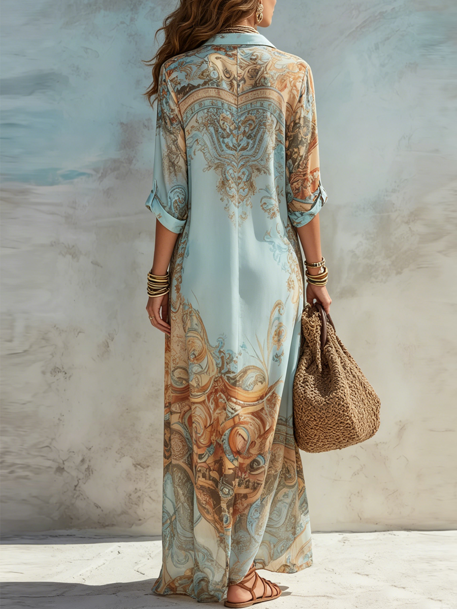 Robe Maxi Bleue à Imprimé Floral
