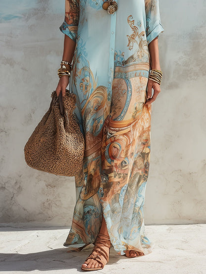 Robe Maxi Bleue à Imprimé Floral