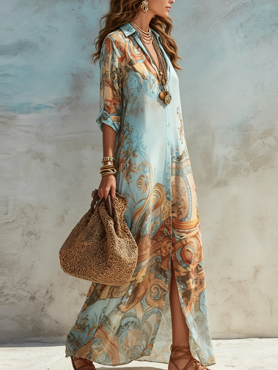 Robe Maxi Bleue à Imprimé Floral
