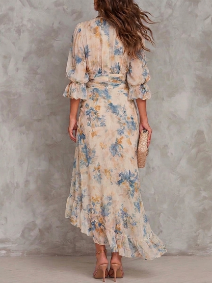 Robe Maxi en Mousseline Irrégulière à Imprimé Floral et Col Haut Beige