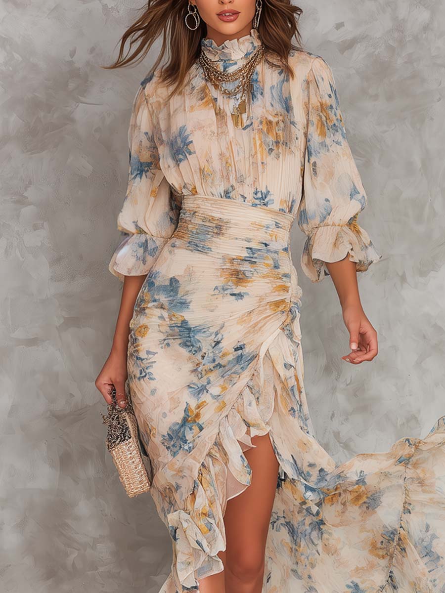Robe Maxi en Mousseline Irrégulière à Imprimé Floral et Col Haut Beige