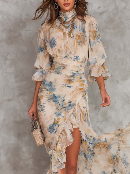 Robe Maxi en Mousseline Irrégulière à Imprimé Floral et Col Haut Beige