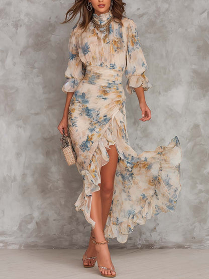 Robe Maxi en Mousseline Irrégulière à Imprimé Floral et Col Haut Beige