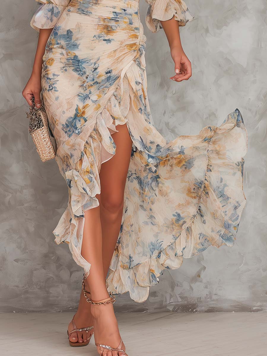Robe Maxi en Mousseline Irrégulière à Imprimé Floral et Col Haut Beige