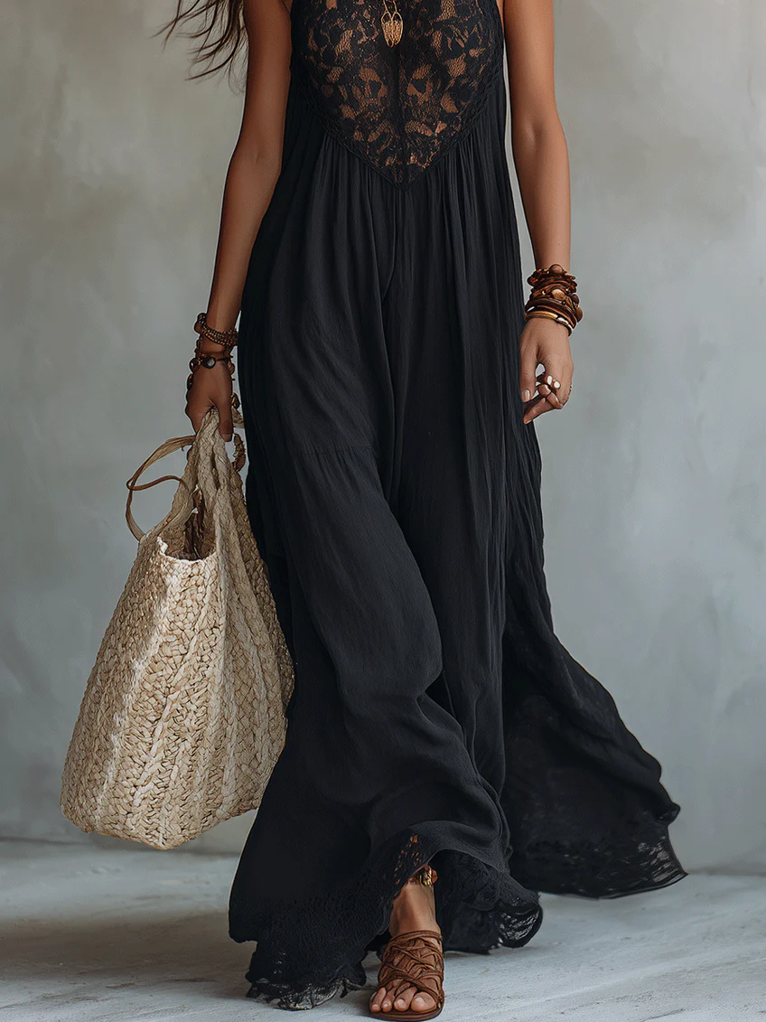 Robe Maxi Noire Sans Manches avec Dentelle Bohème