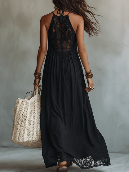 Robe Maxi Noire Sans Manches avec Dentelle Bohème