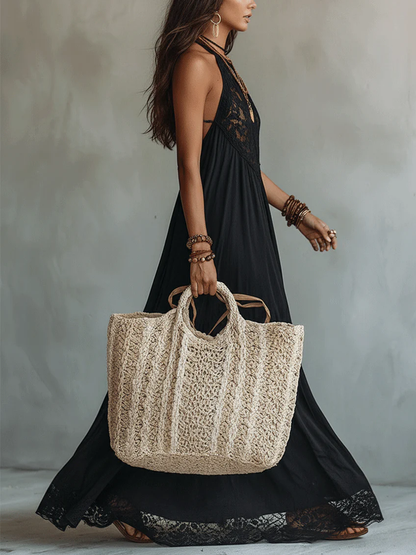 Robe Maxi Noire Sans Manches avec Dentelle Bohème