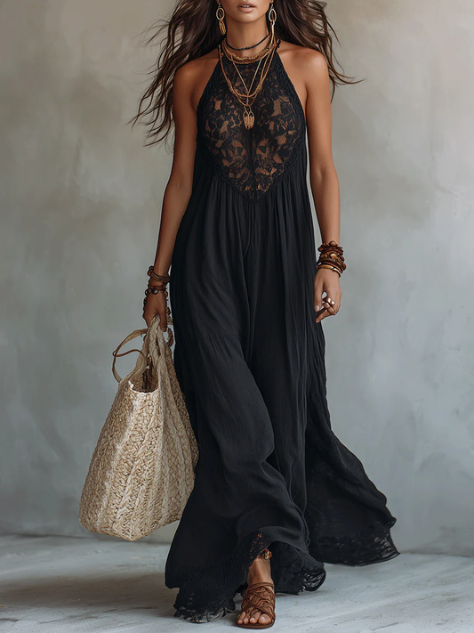 Robe Maxi Noire Sans Manches avec Dentelle Bohème
