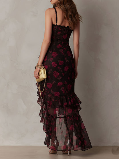 Robe Chic Noire et Rouge avec Fleurs et Volants en Bas