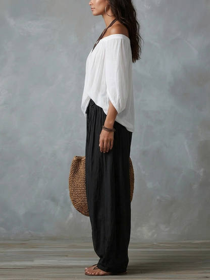 Top Blanc Off-the-Shoulder et Ensemble Pantalon Lanterne Large