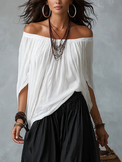 Top Blanc Off-the-Shoulder et Ensemble Pantalon Lanterne Large