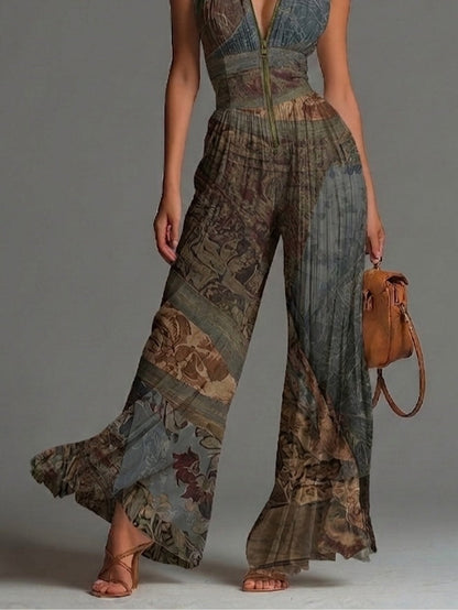 Combinaison Sans Manches en Mousseline à Imprimé Ethnique Bohème, Fermeture Éclair et Pantalon Large Plissé