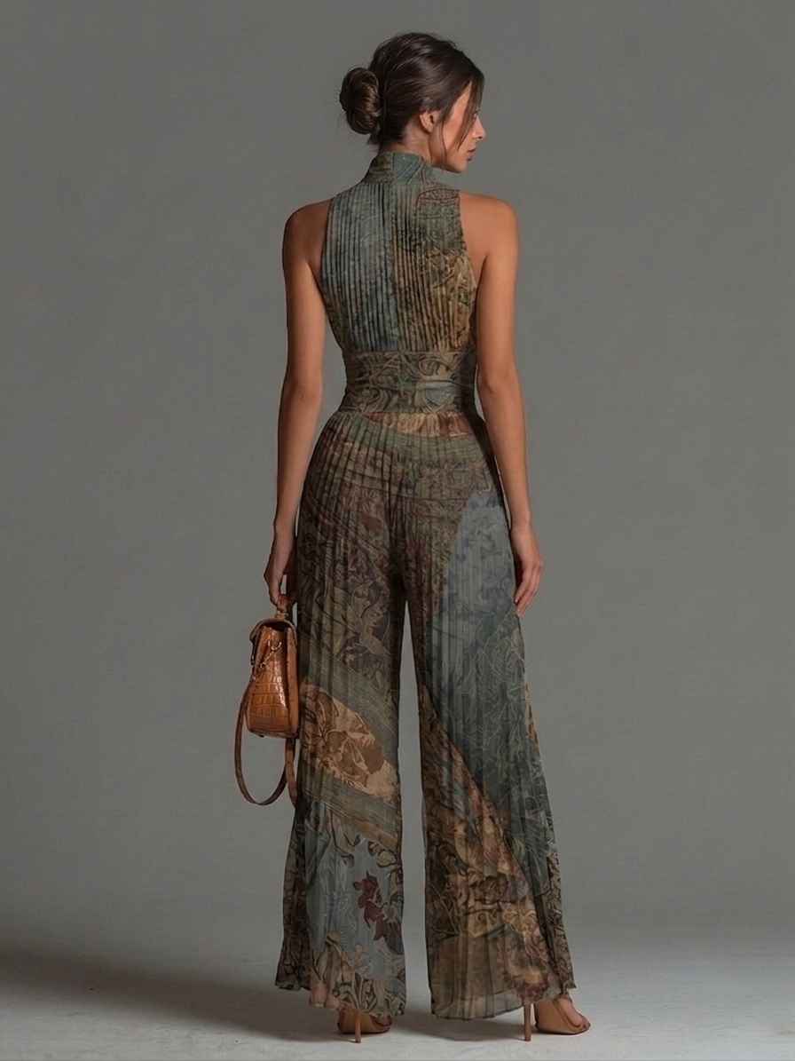 Combinaison Sans Manches en Mousseline à Imprimé Ethnique Bohème, Fermeture Éclair et Pantalon Large Plissé