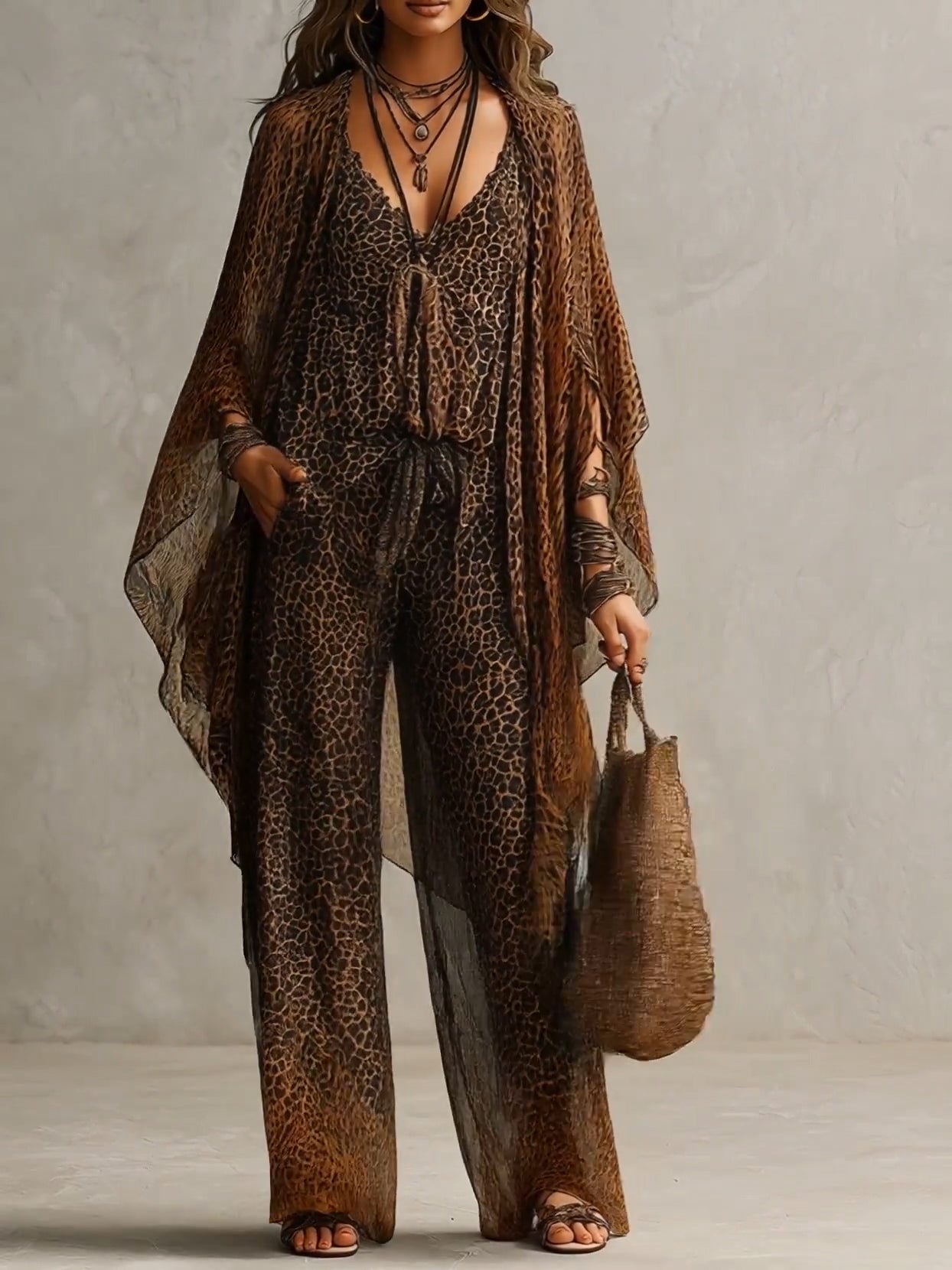 Abbigliamento fluido con stampa leopardata e degradé bohemien - Set da tre pezzi