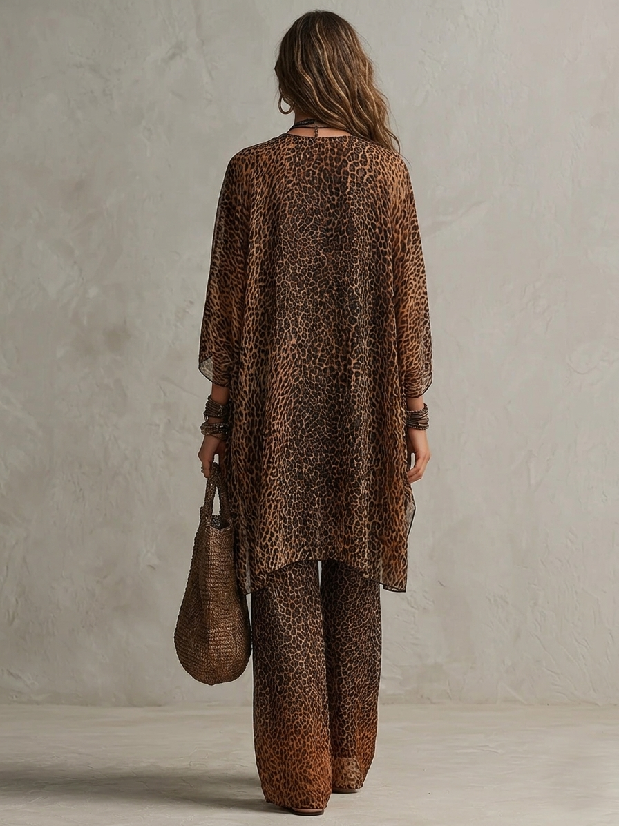 Abbigliamento fluido con stampa leopardata e degradé bohemien - Set da tre pezzi