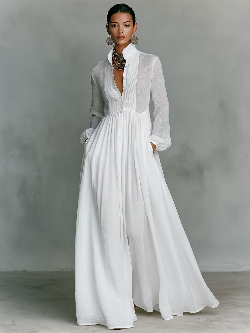 Marta – Robe Maxi Lin Patchwork Col Montant