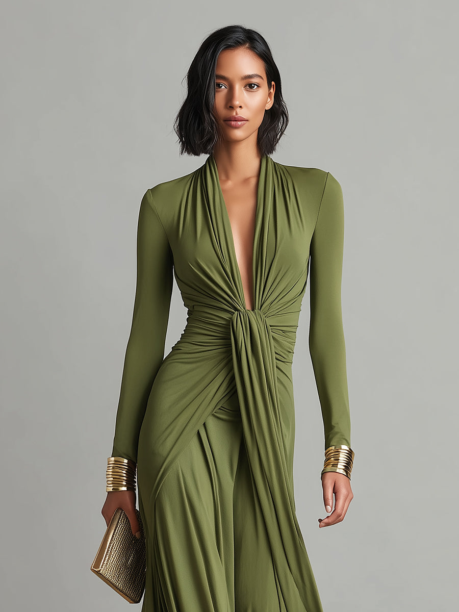Vittoria – Robe Maxi Soie Olive Col V Plongeant