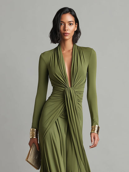 Vittoria – Robe Maxi Soie Olive Col V Plongeant