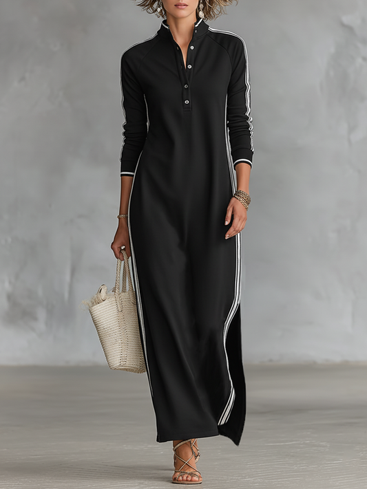 Elena – Robe Maxi Sweat Col Boutonné