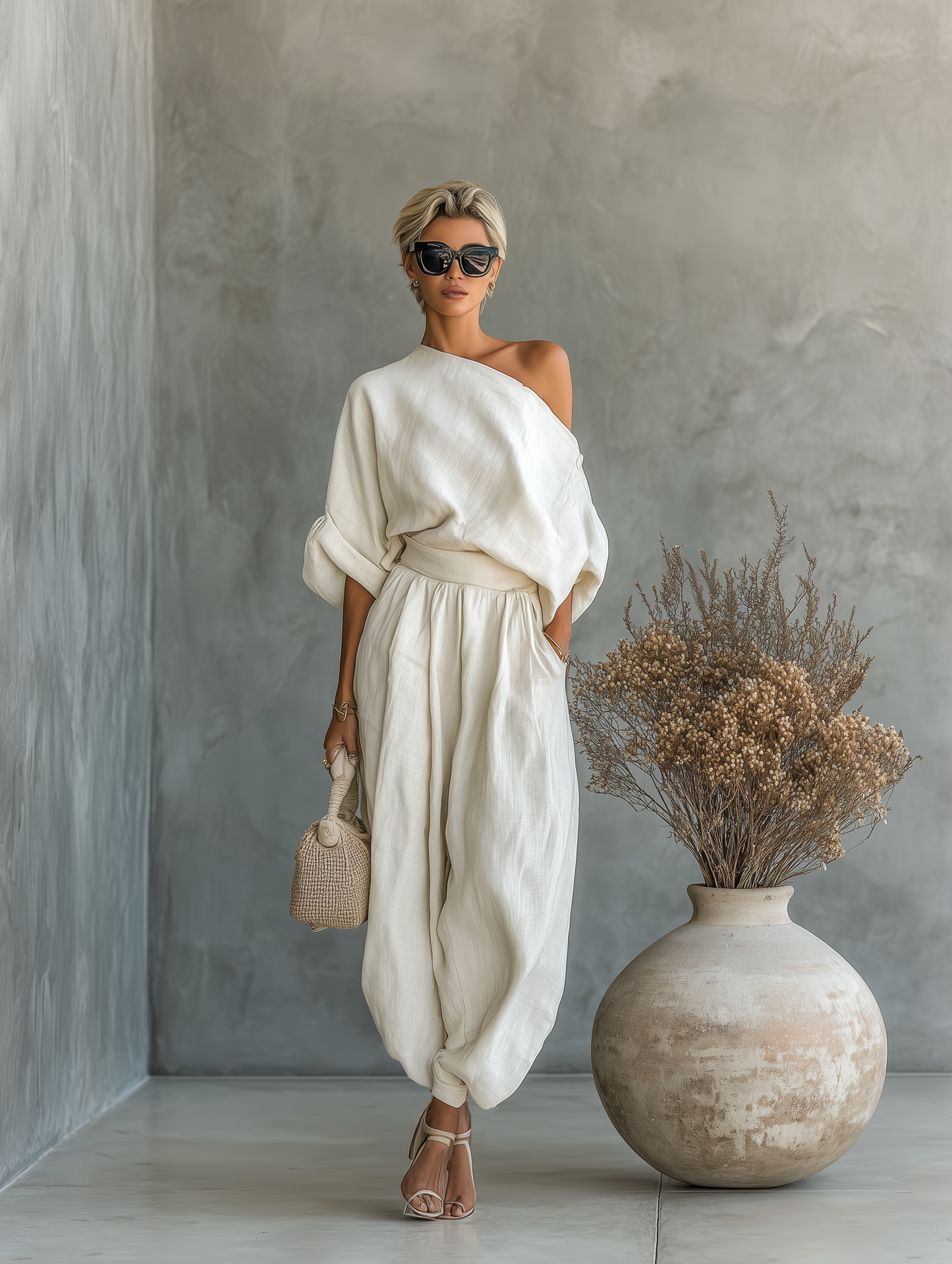 Paola – Ensemble Lin Épaule Dénudée Pantalon Fuselé