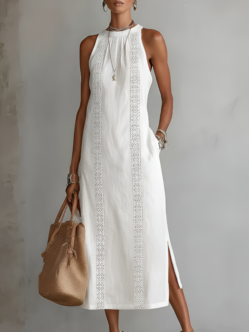 Jimena | Vestito midi in lino con collo Mao