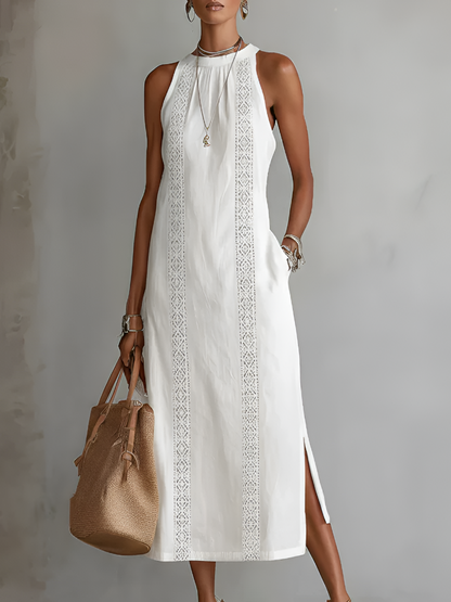 Jimena | Vestito midi in lino con collo Mao