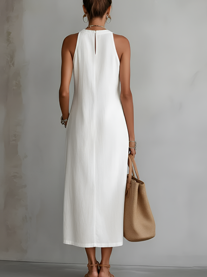 Jimena | Vestito midi in lino con collo Mao