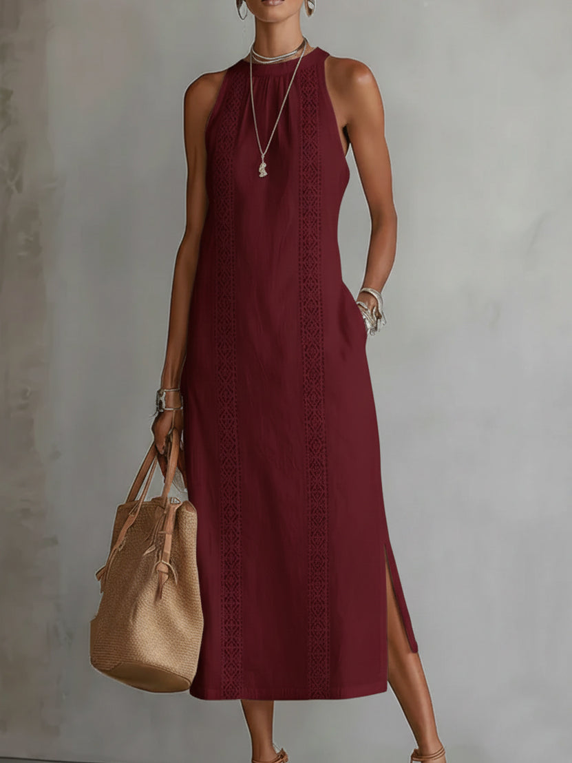 Jimena | Vestito midi in lino con collo Mao