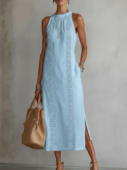 Jimena | Vestito midi in lino con collo Mao