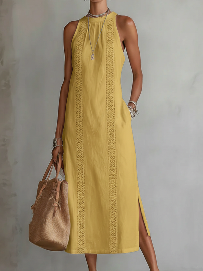 Jimena | Vestito midi in lino con collo Mao